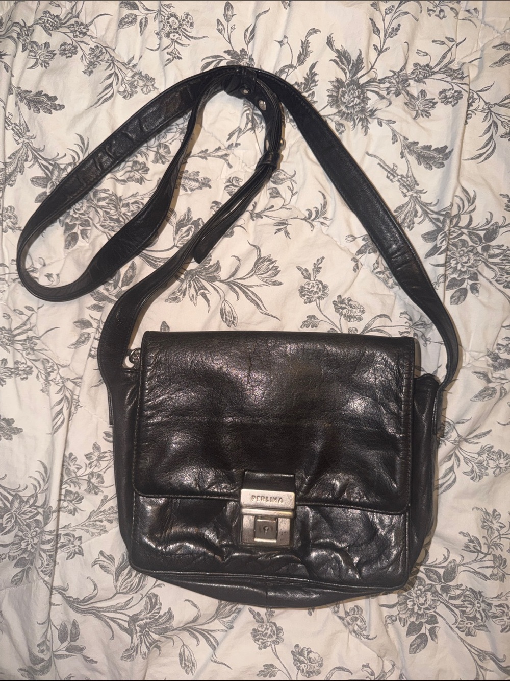 PERLINA Black Leather Crossbody Bag with Silver Hardware